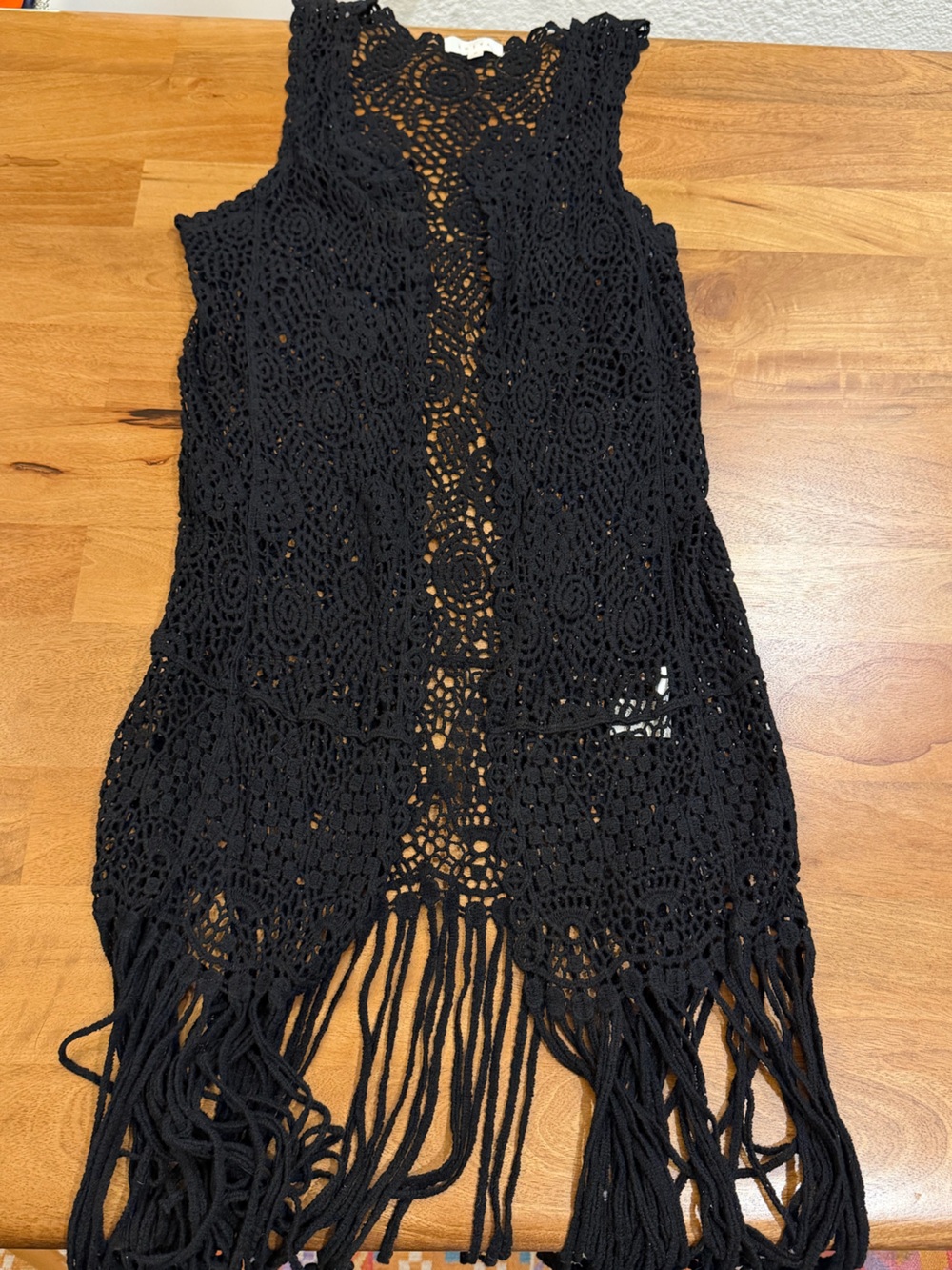 Adiva Black Crochet Overlay Sleeveless Open Front Overlay w/ Fringe Size Medium